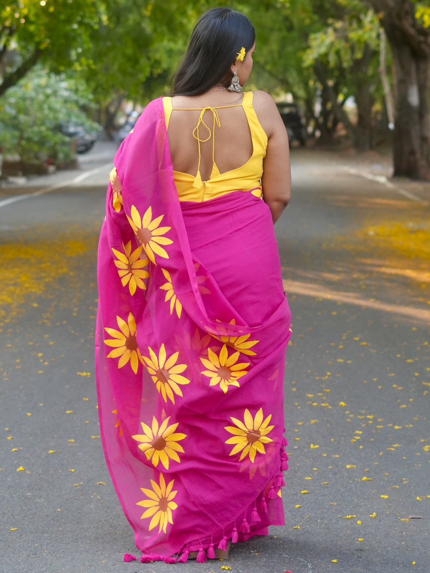 Cerise Sunflower Hand-Painted Saree
