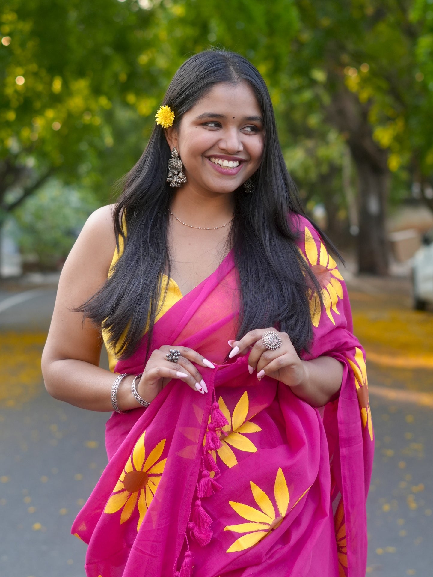 Cerise Sunflower Hand-Painted Saree