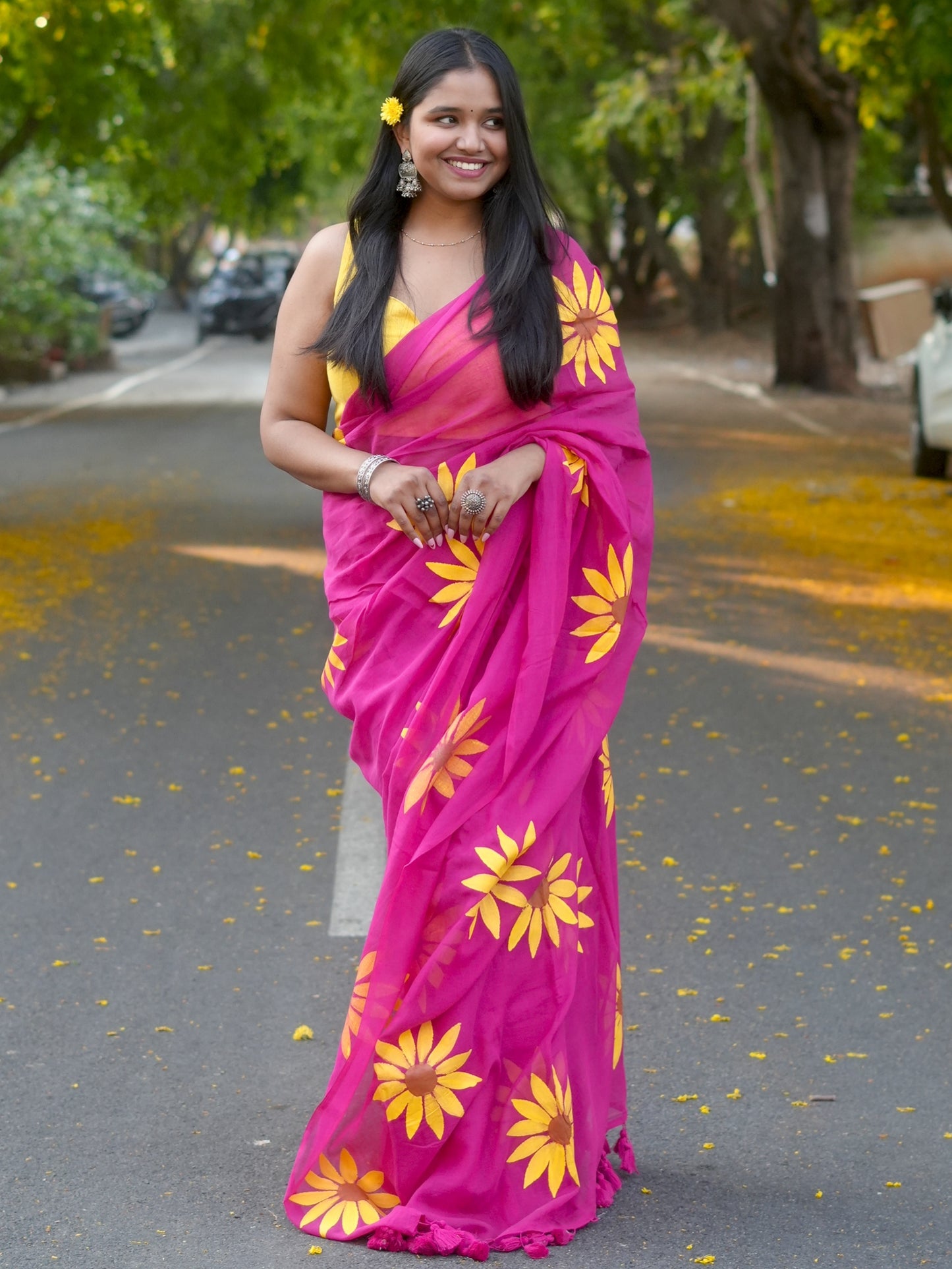 Cerise Sunflower Hand-Painted Saree