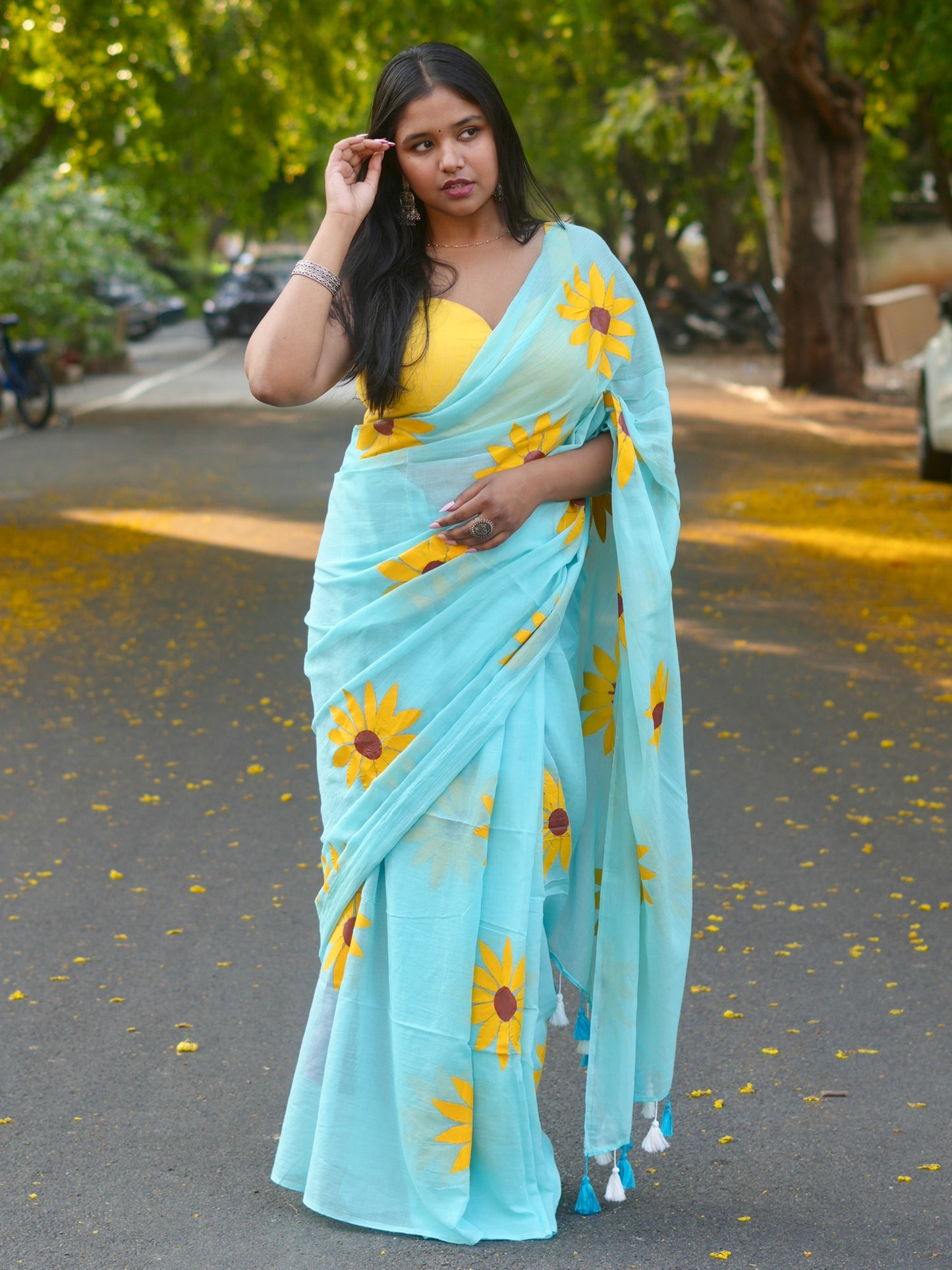 Bright Blue Sunflower Hand-Painted Saree