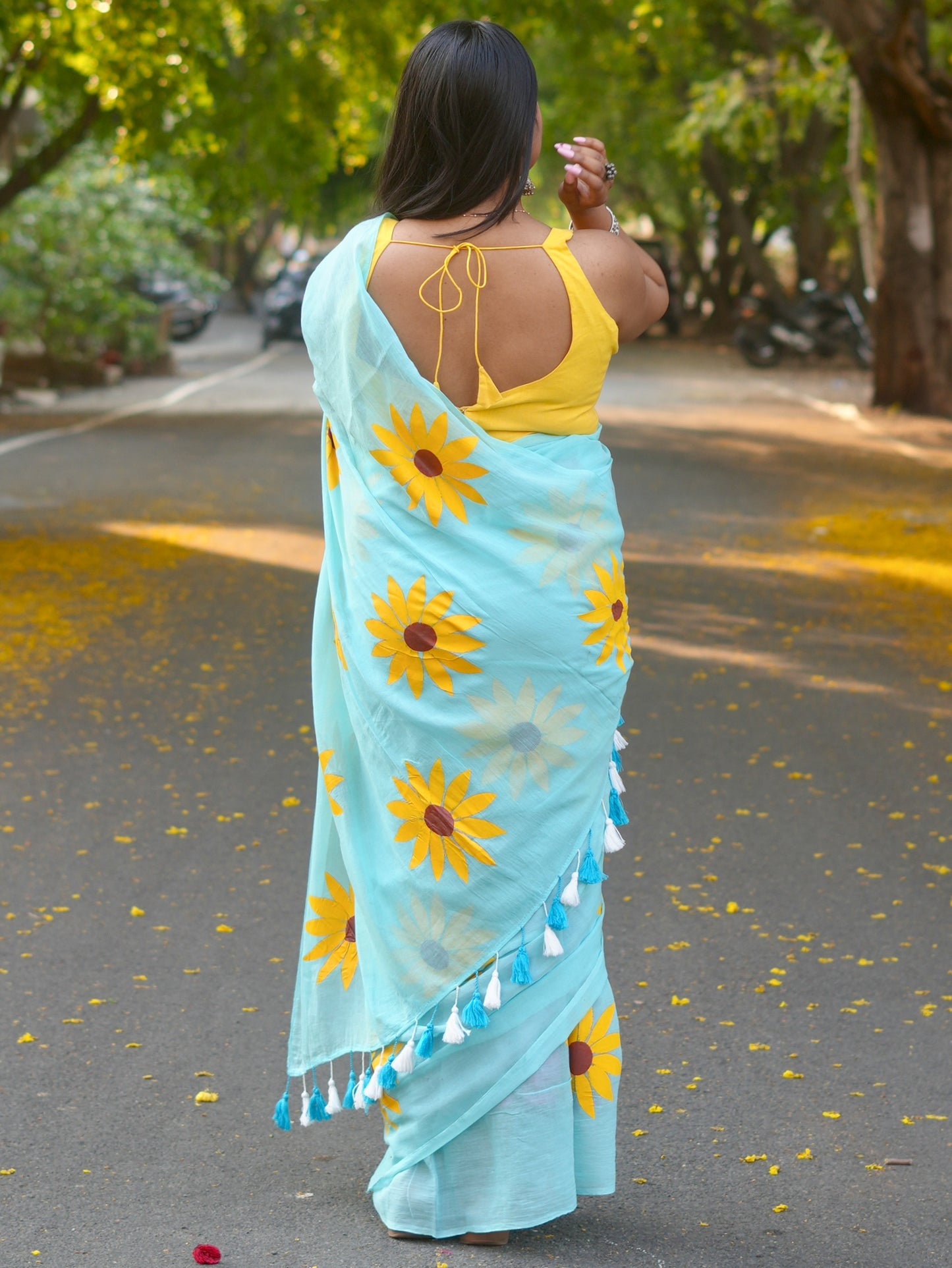 Bright Blue Sunflower Hand-Painted Saree