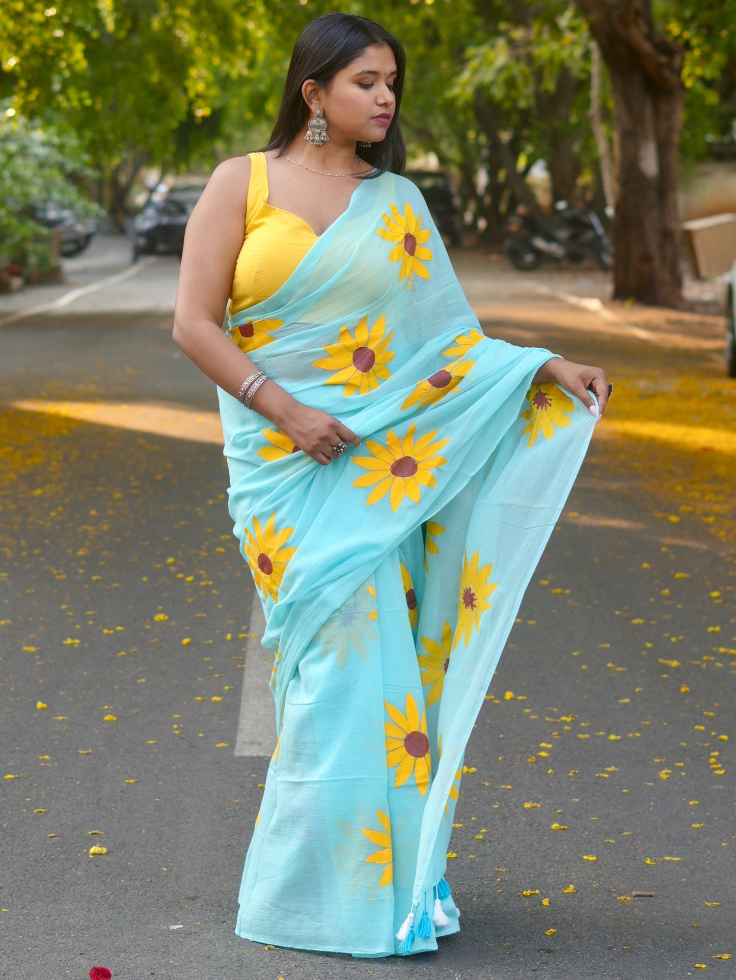 Bright Blue Sunflower Hand-Painted Saree