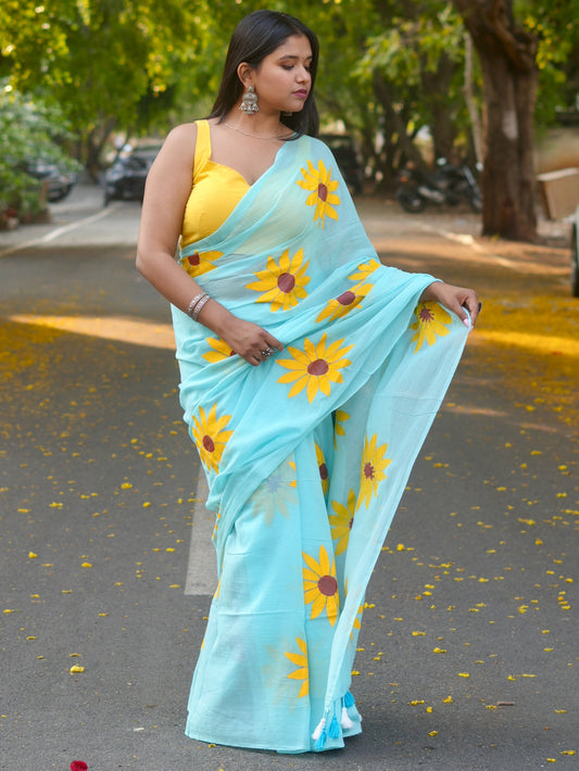 Bright Blue Sunflower Hand-Painted Saree