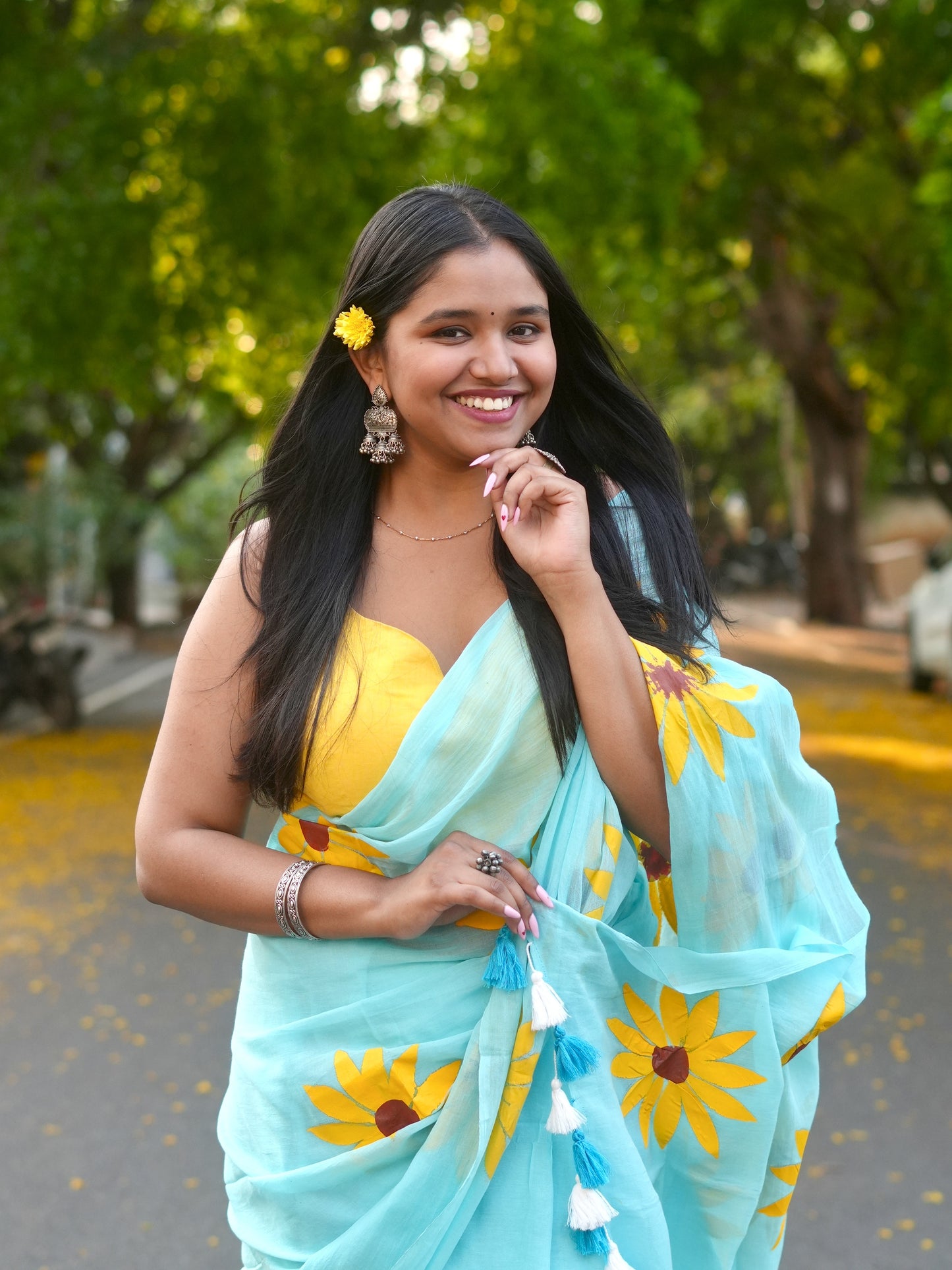 Bright Blue Sunflower Hand-Painted Saree