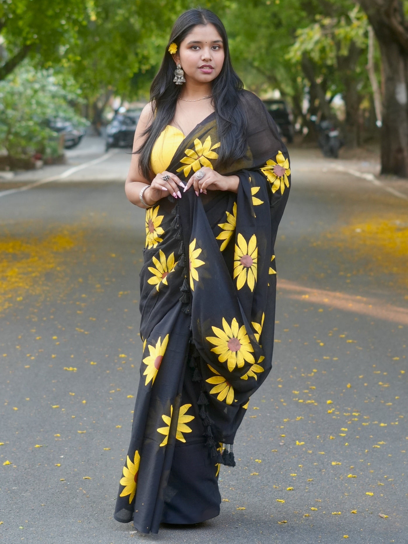 Midnight Sunflower Hand-Painted Saree