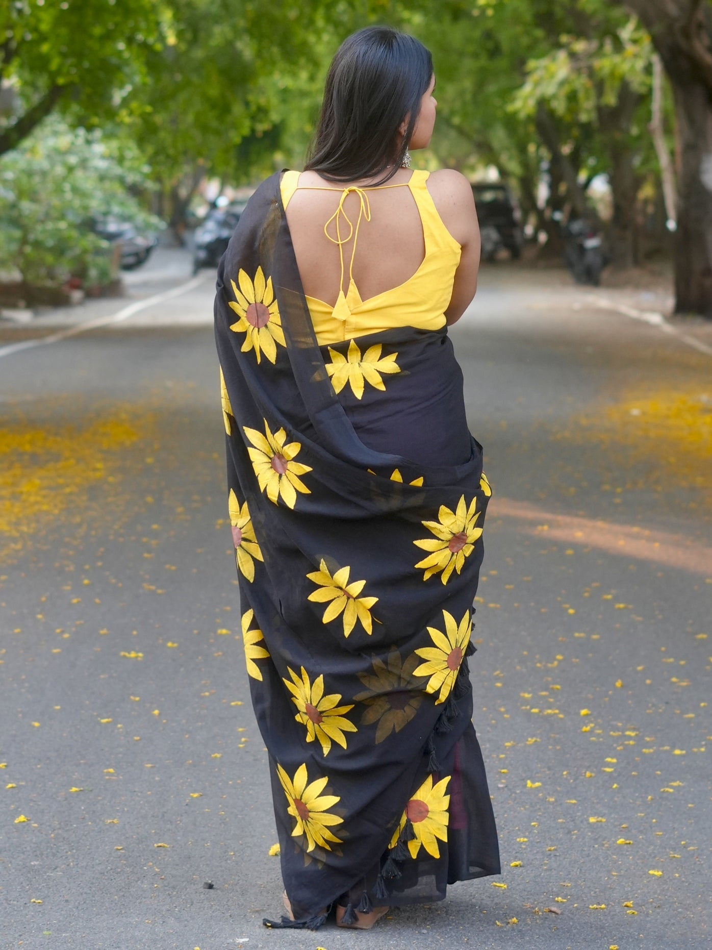 Midnight Sunflower Hand-Painted Saree