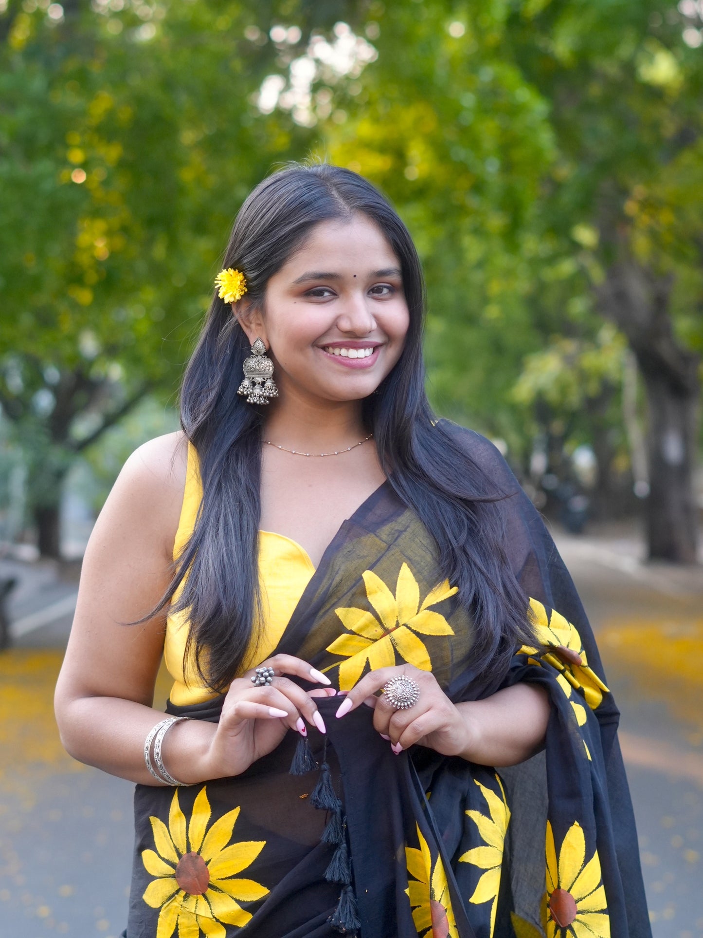 Midnight Sunflower Hand-Painted Saree