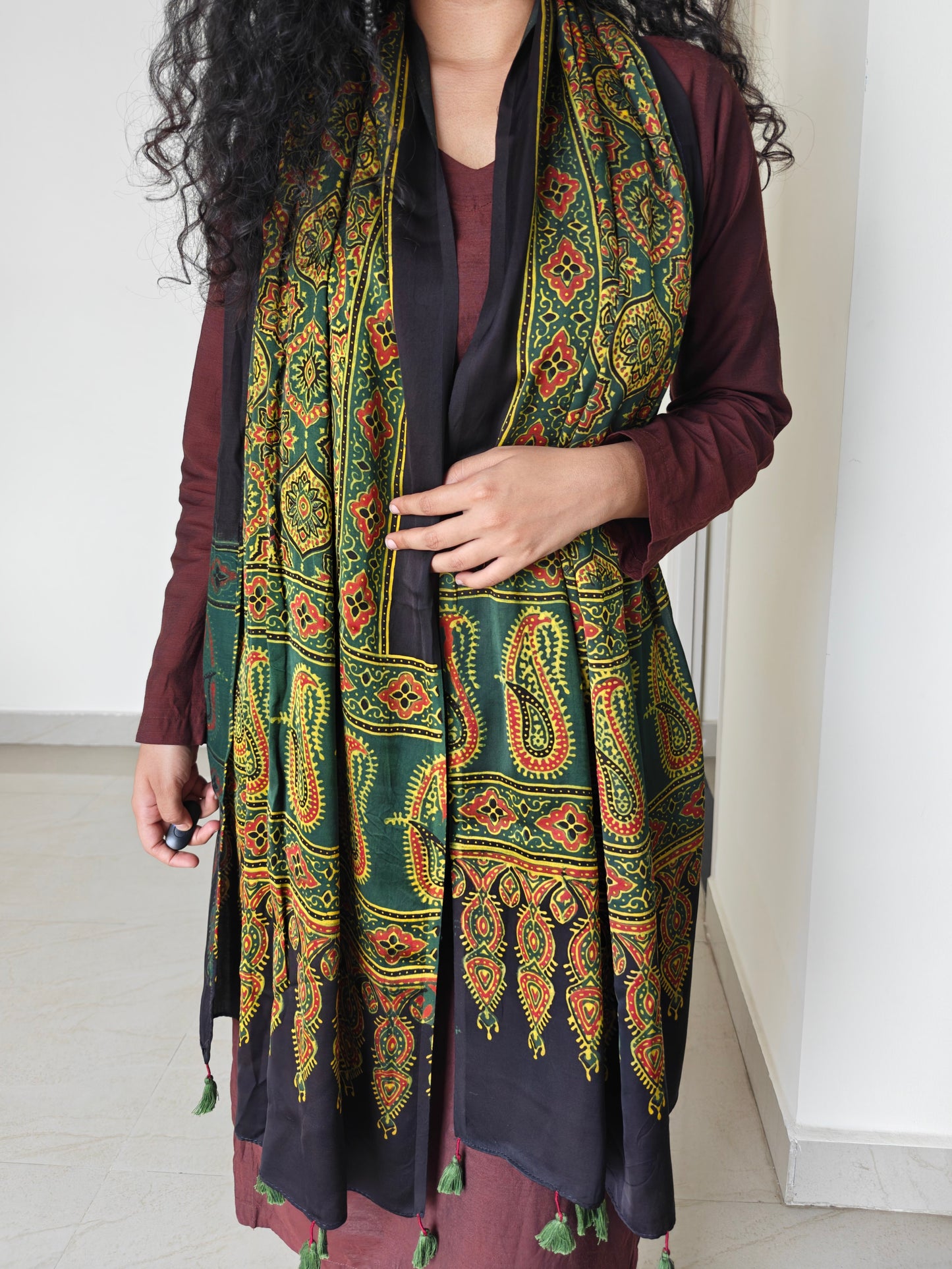 Green Handblock Printed Modal Ajrakh Stole