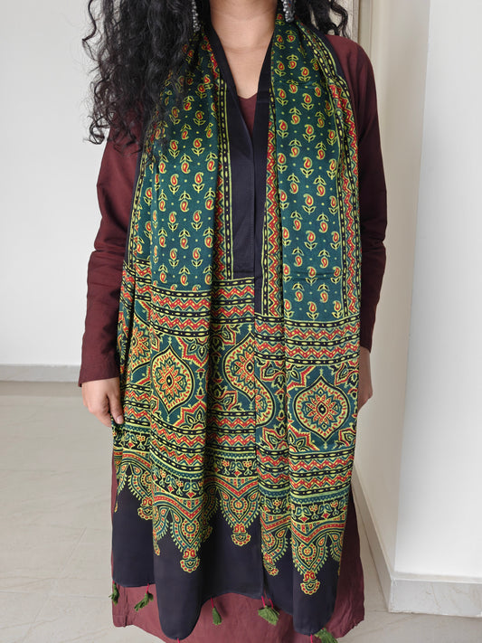 Green Handblock Printed Modal Ajrakh Stole