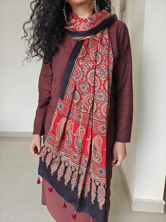 Red Handblock Printed Modal Ajrakh Stole