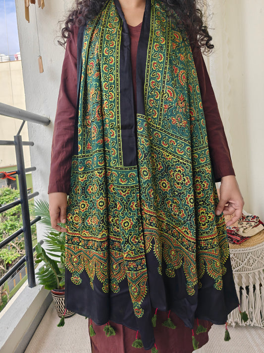 Green Handblock Printed Modal Ajrakh Stole