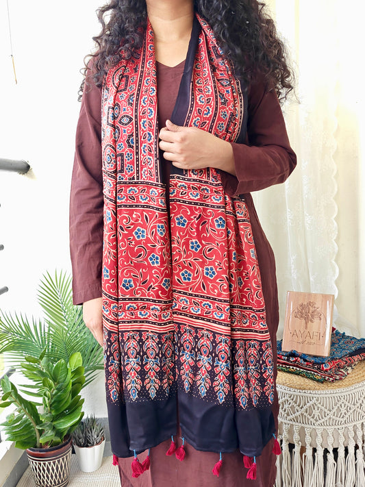 Red Handblock Printed Modal Ajrakh Stole