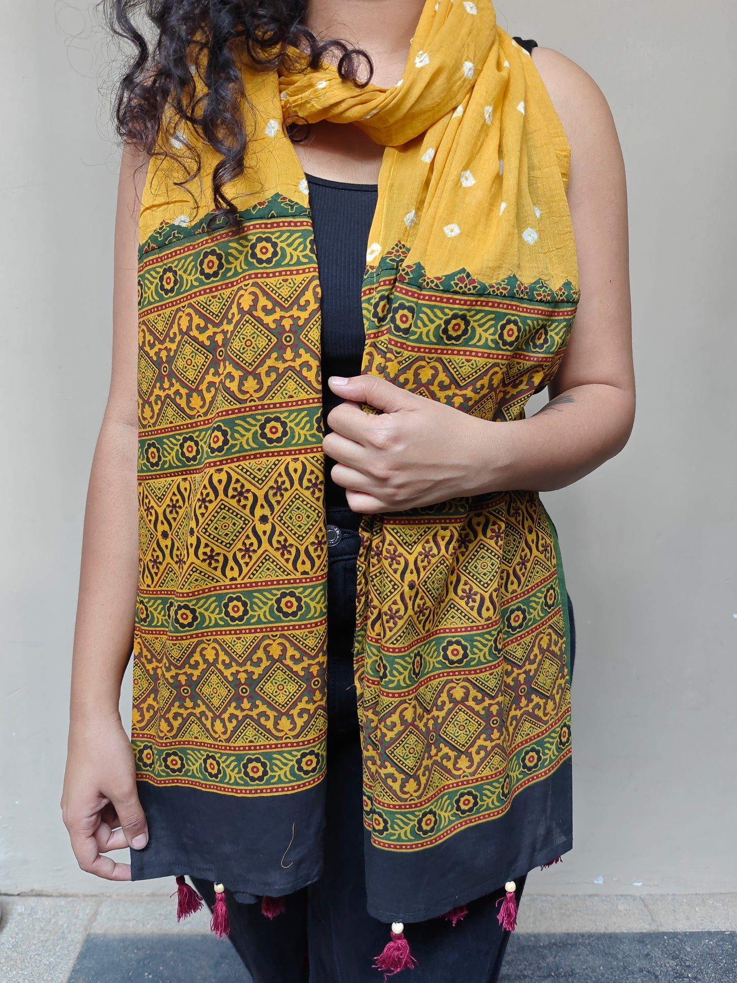 Yellow Bandhani-Ajrakh Printed Cotton Stole