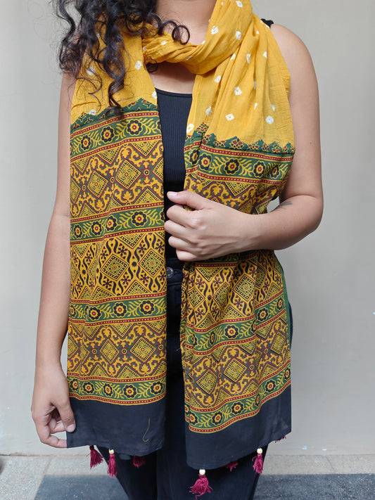 Yellow Bandhani-Ajrakh Printed Cotton Stole