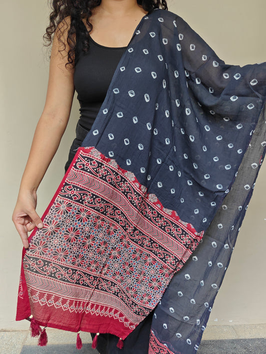 Black Bandhani-Ajrakh Printed Cotton Stole