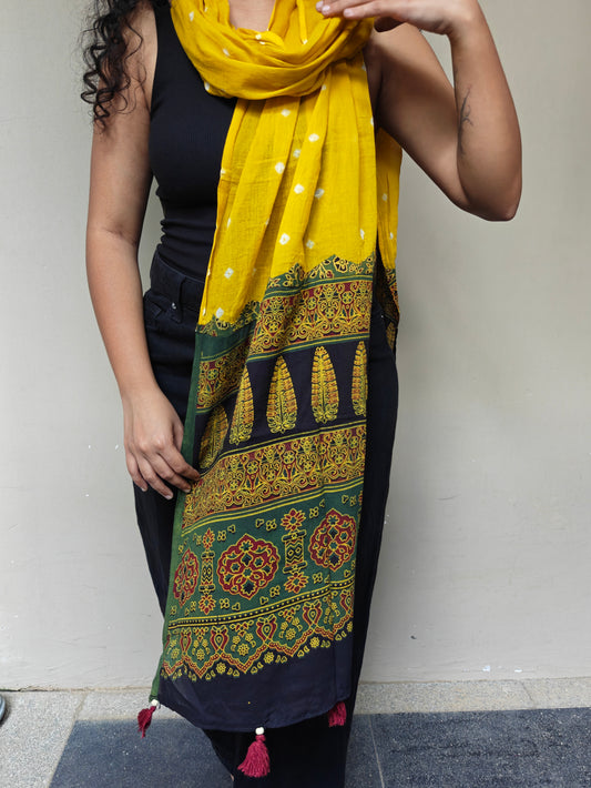 Yellow Bandhani-Ajrakh Printed Cotton Stole