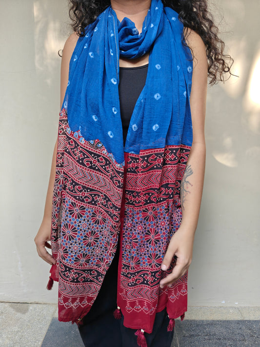 Blue Bandhani-Ajrakh Printed Cotton Stole