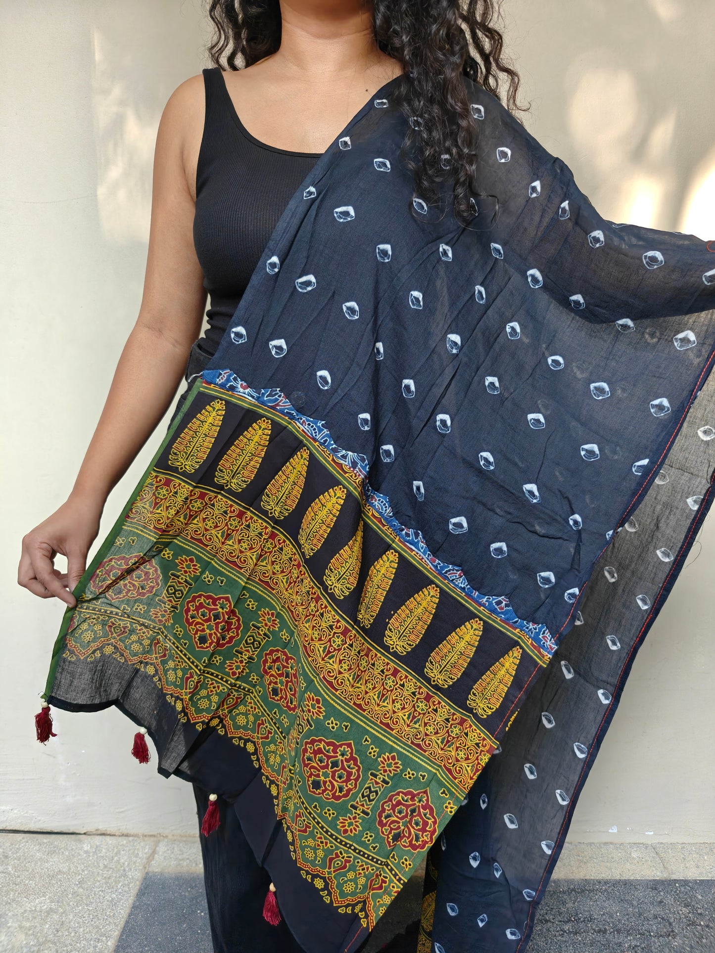 Black Bandhani-Ajrakh Printed Cotton Stole