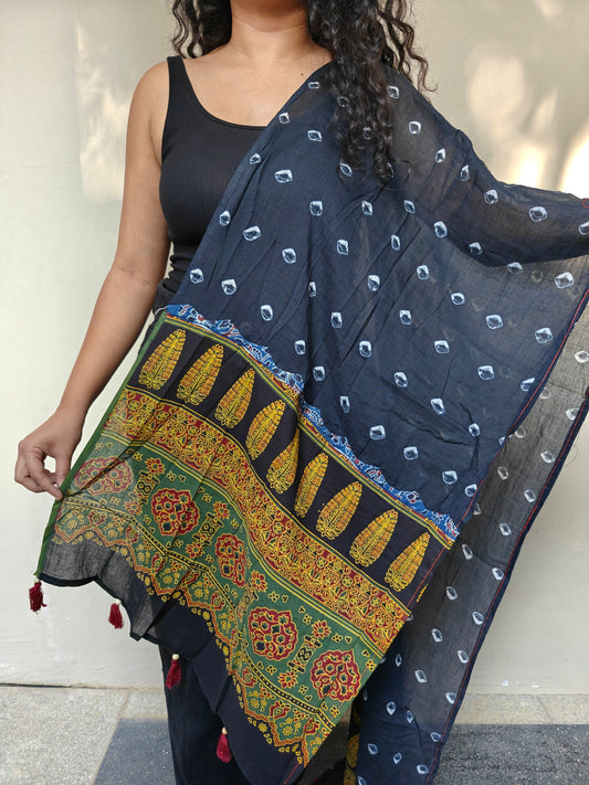 Black Bandhani-Ajrakh Printed Cotton Stole