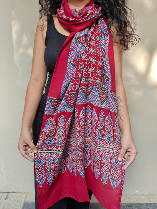 Red Handblock Printed Cotton Ajrakh Stole