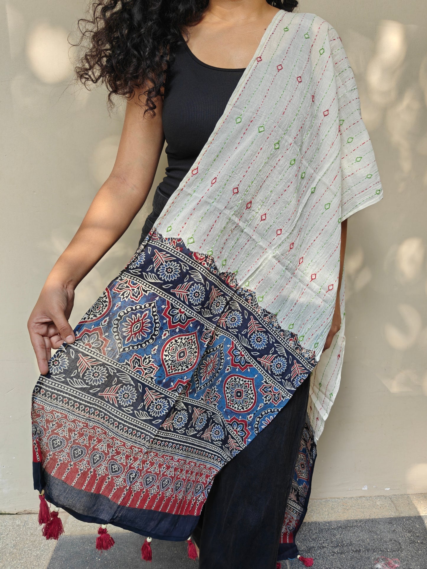 White Kantha-Ajrakh Printed Cotton Stole