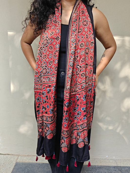 Red Handblock Printed Modal Ajrakh Stole