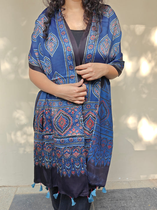 Indigo Handblock Printed Modal Ajrakh Stole