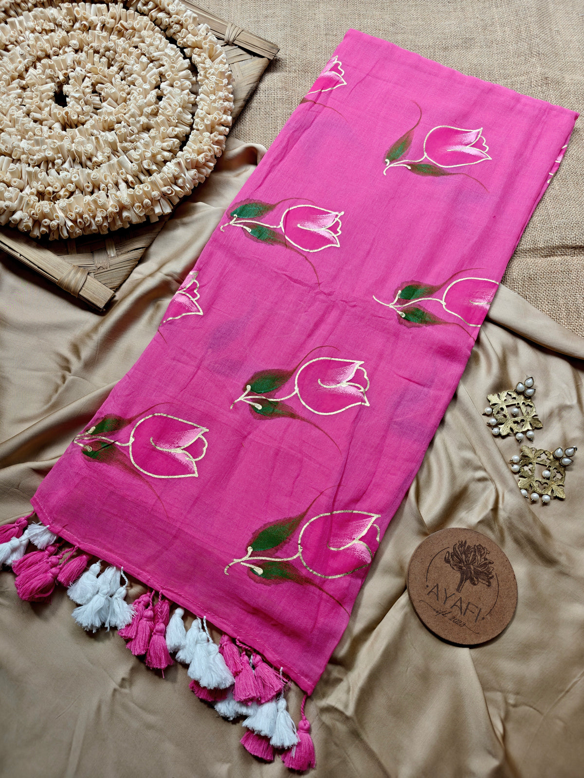 Hot Pink Tulip Hand-Painted Saree