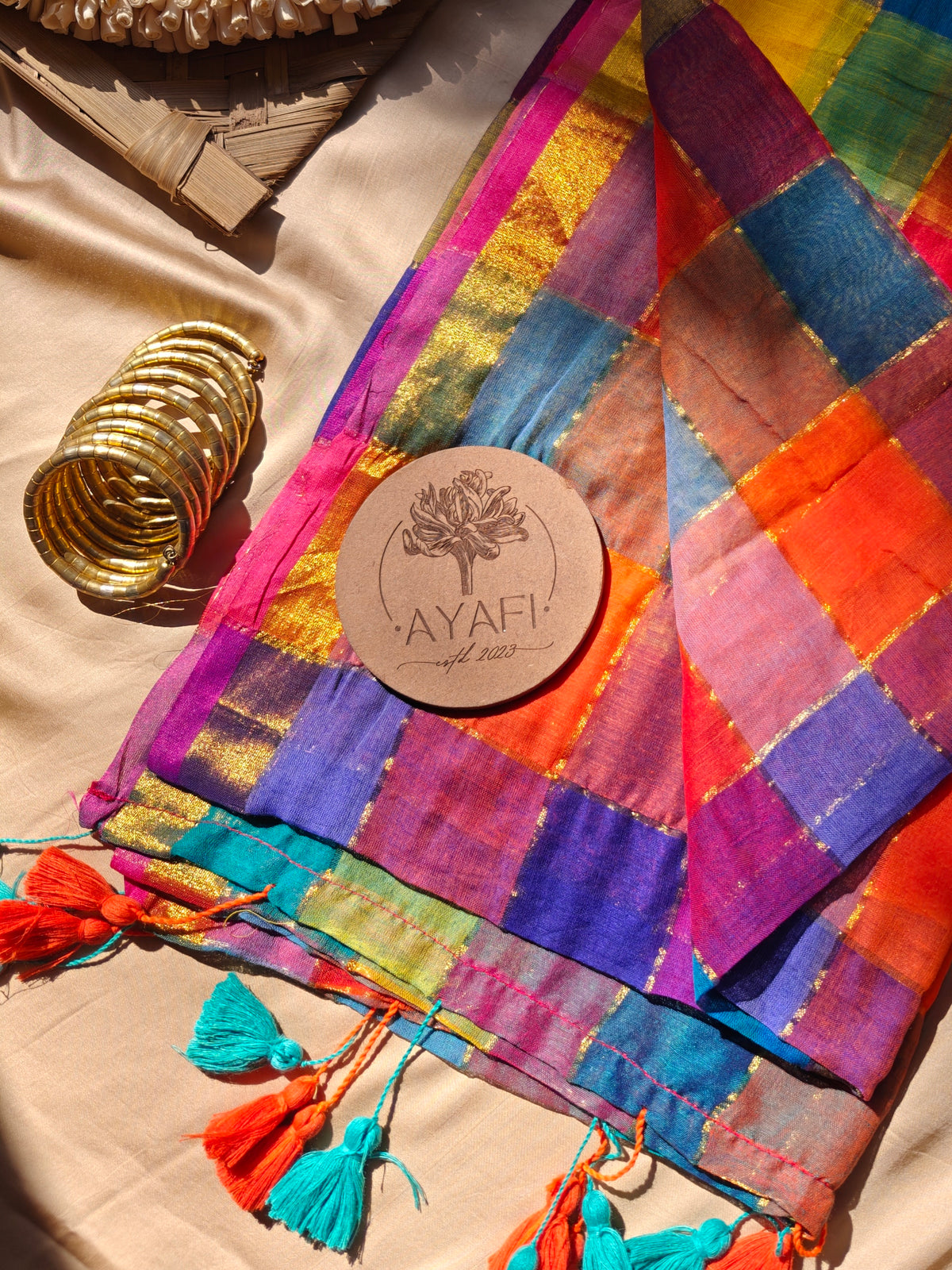 Multicolored Gold Zari Checked Mul Saree