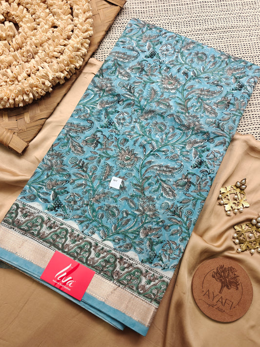 Blue Sanganeri Handblock Printed Maheshwari LIVA Saree