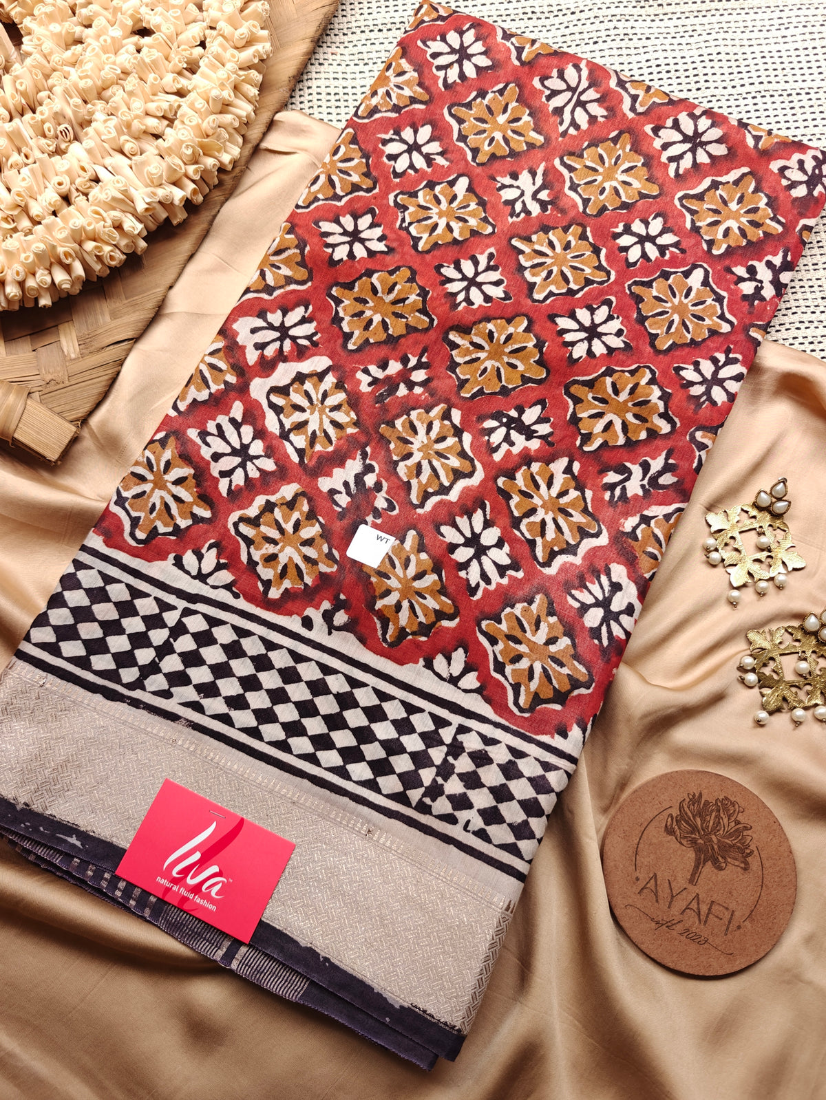 Red Bagru Handblock Printed Maheshwari LIVA Saree