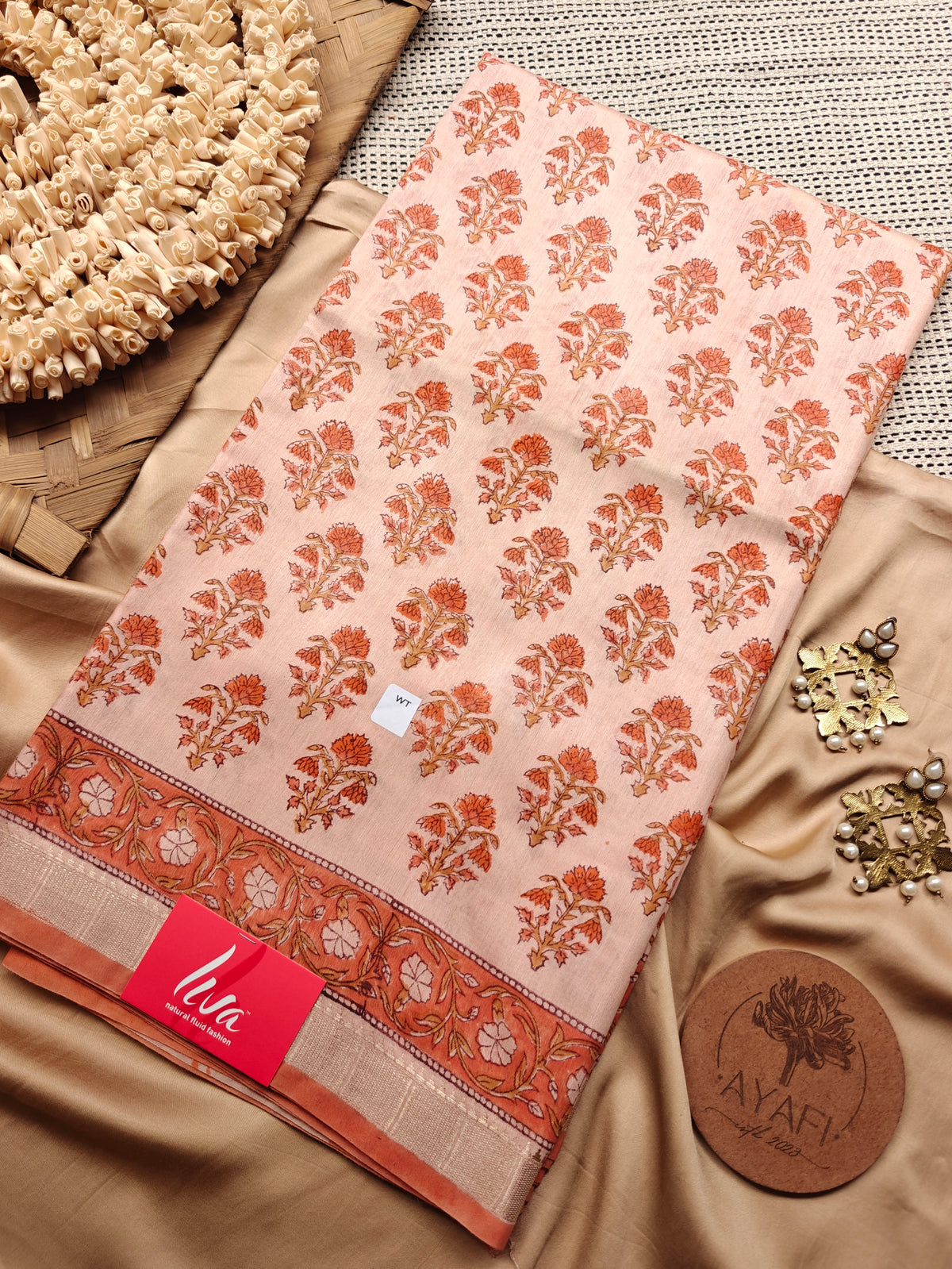 Peach Sanganeri Handblock Printed Maheshwari LIVA Saree