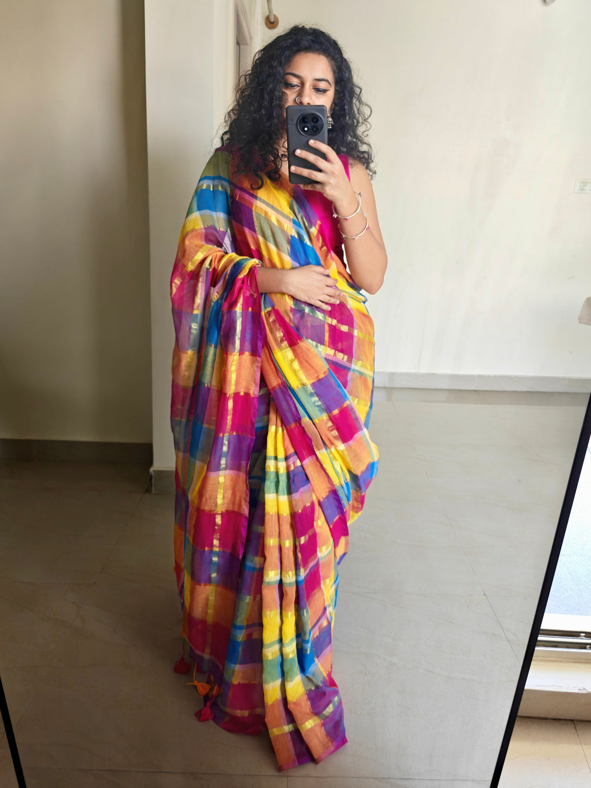 Multicolored Gold Zari Checked Mul Saree