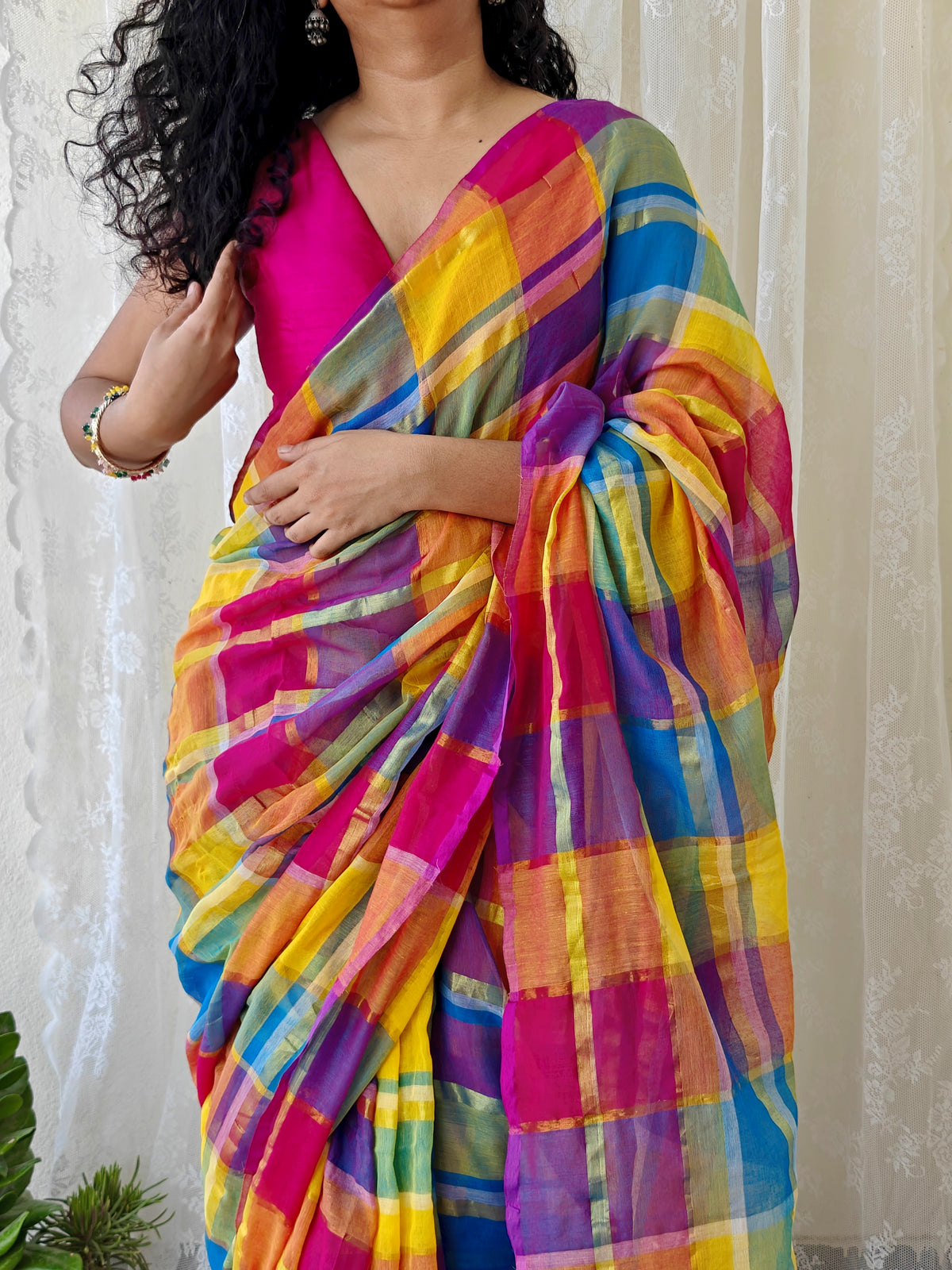 Multicolored Gold Zari Checked Mul Saree