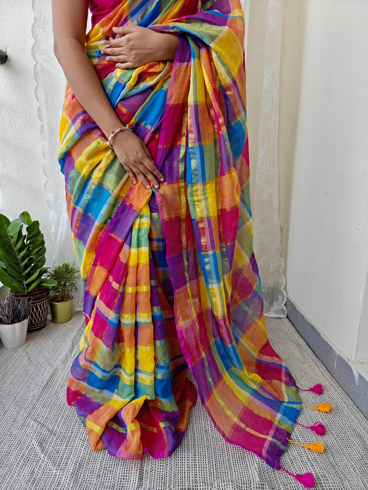 Multicolored Gold Zari Checked Mul Saree