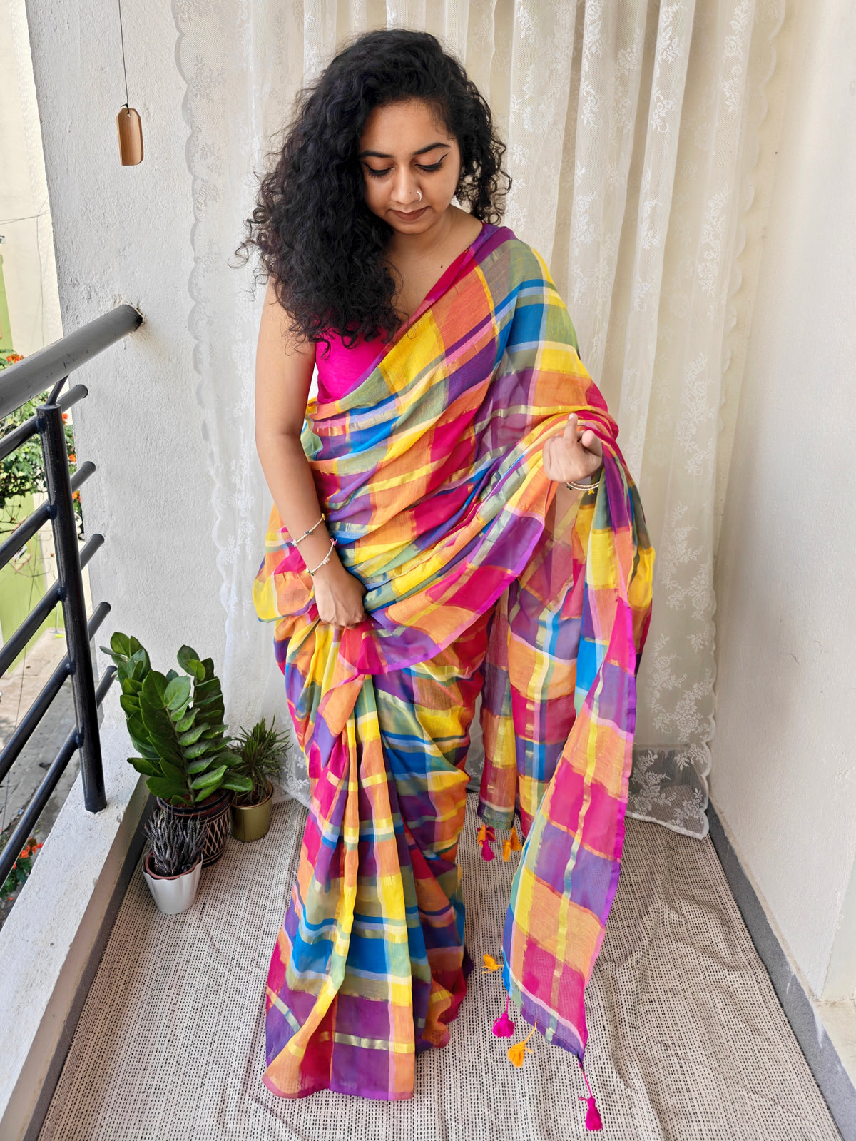 Multicolored Gold Zari Checked Mul Saree