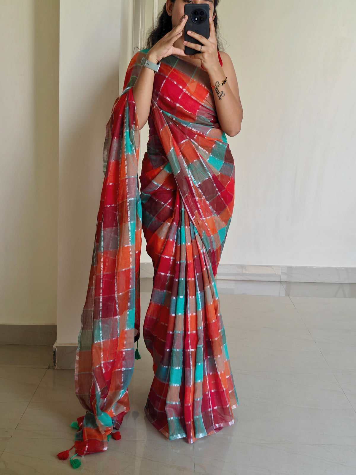 Multicolored Gold Zari Checked Mul Saree