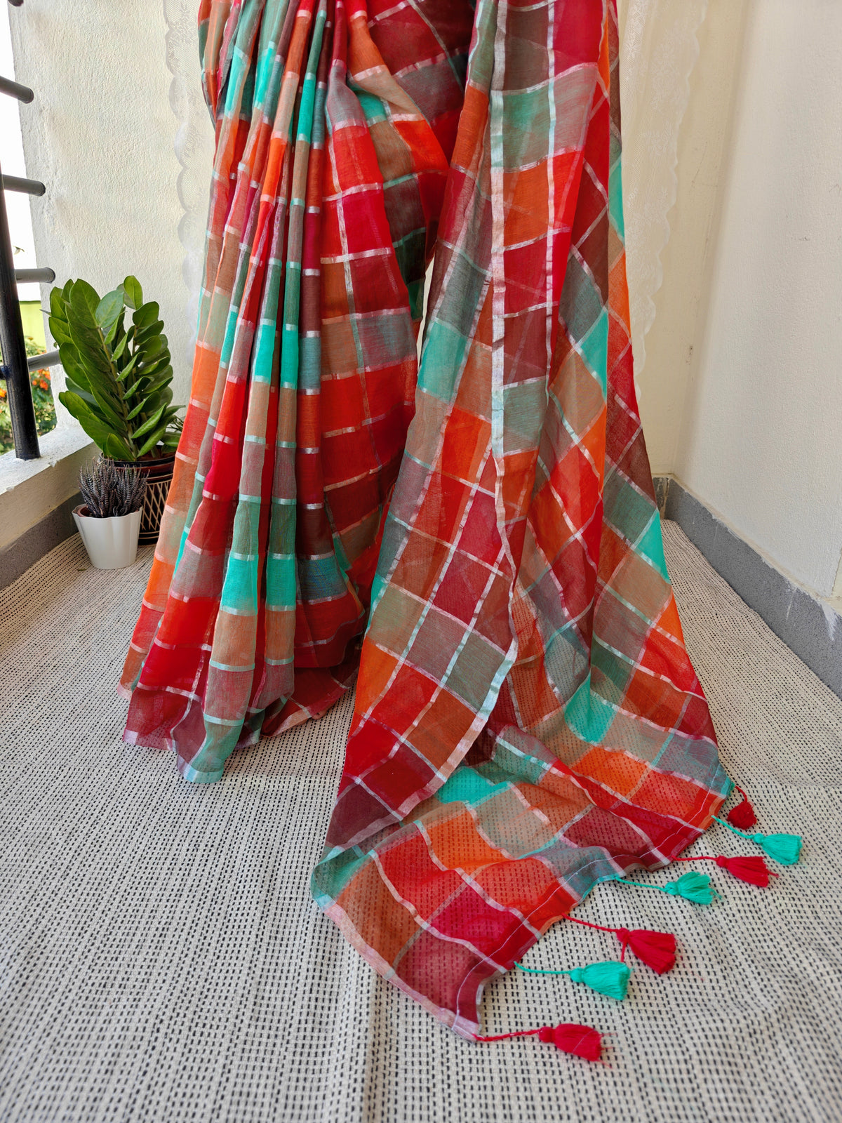 Multicolored Gold Zari Checked Mul Saree