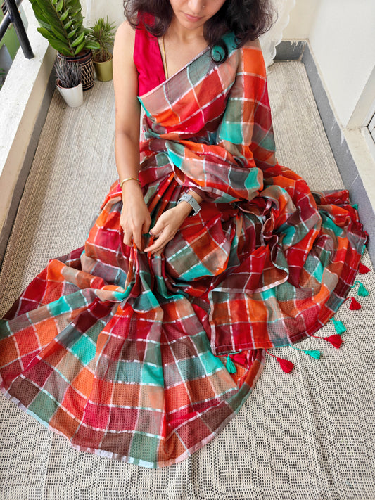RIYA - Multicolored Gold Zari Checked Mulmul Cotton Saree