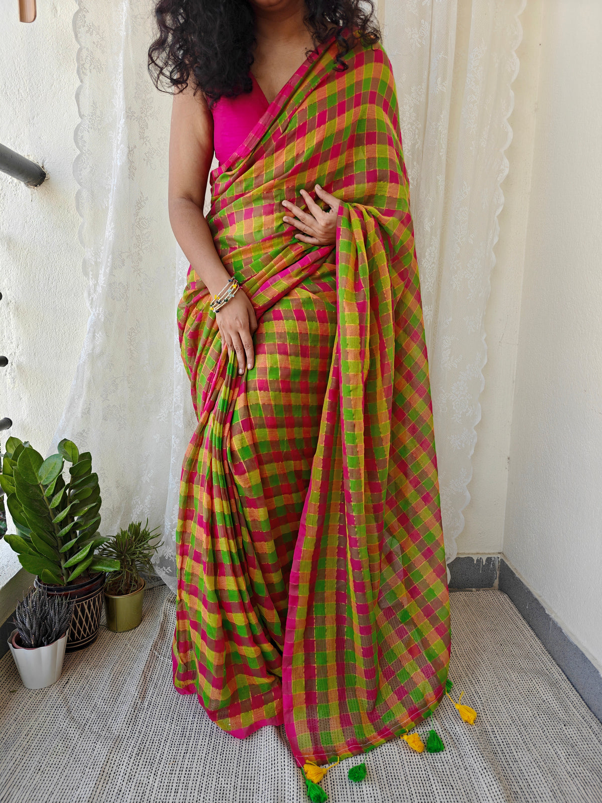 Multicolored Gold Zari Checked Mul Saree