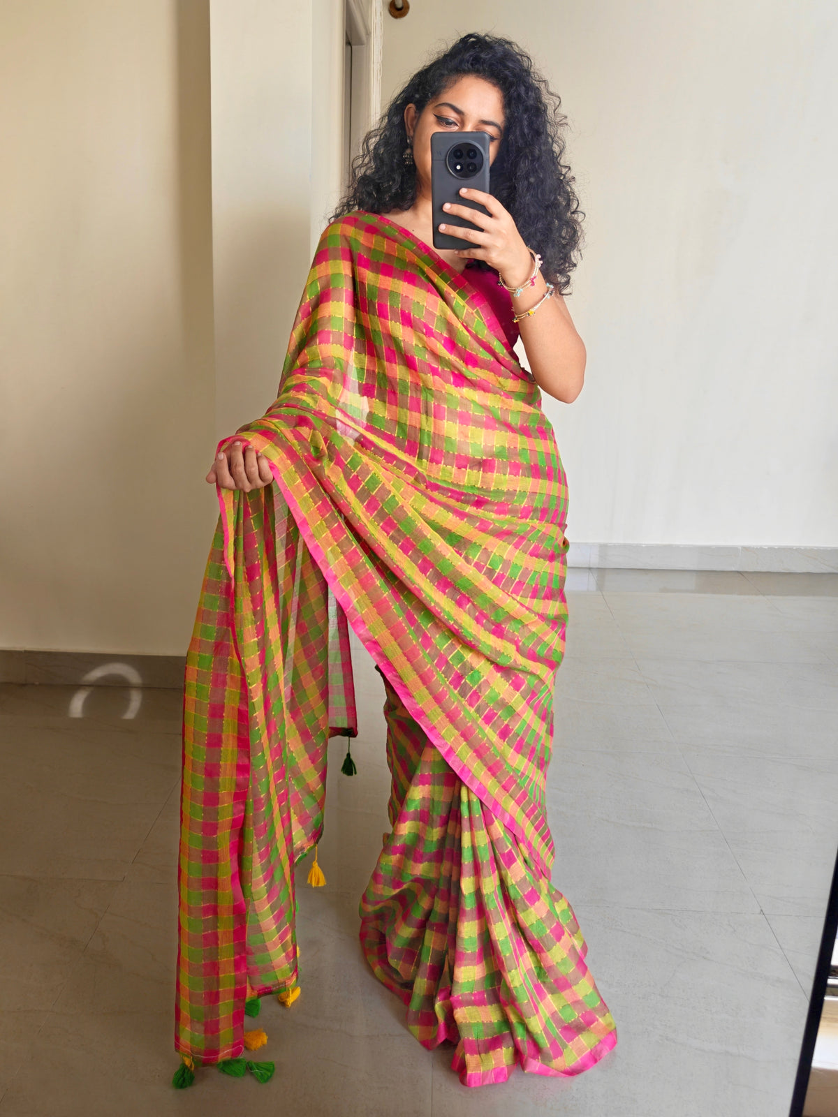 Multicolored Gold Zari Checked Mul Saree