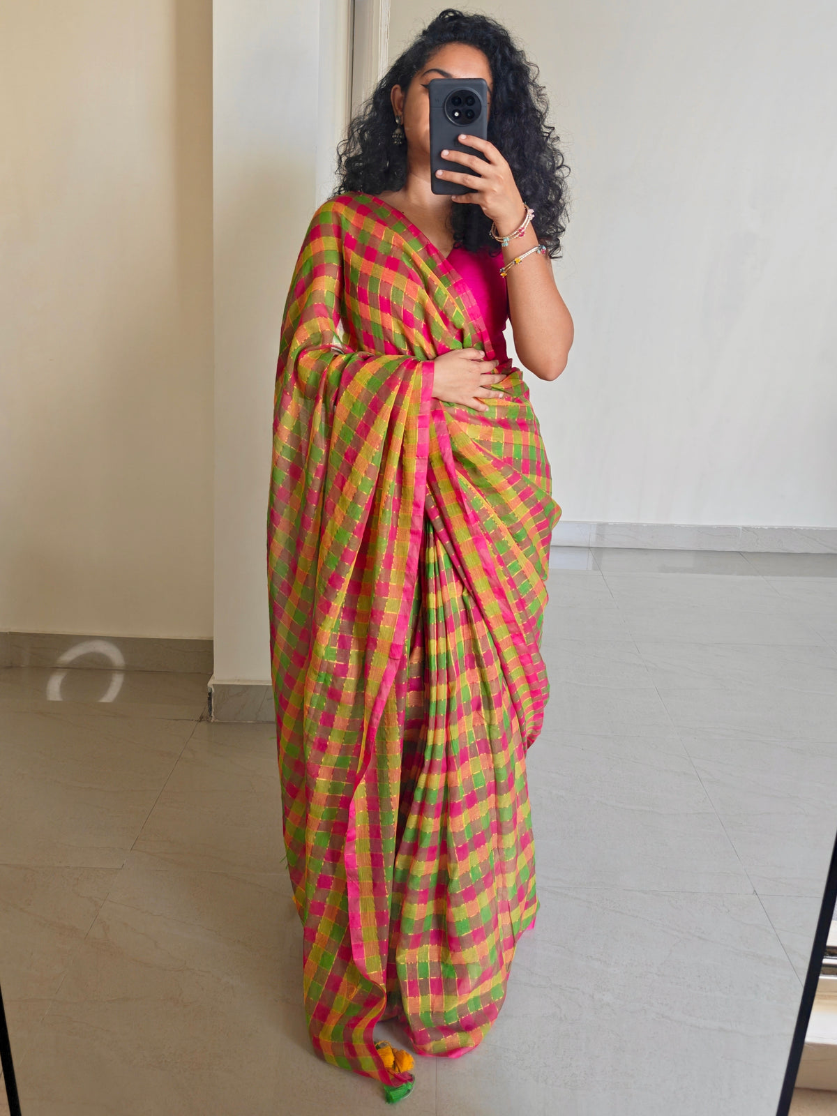 Multicolored Gold Zari Checked Mul Saree