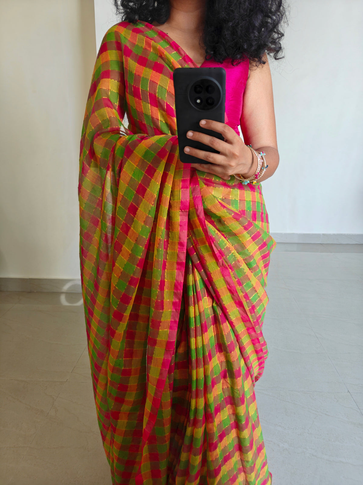 Multicolored Gold Zari Checked Mul Saree