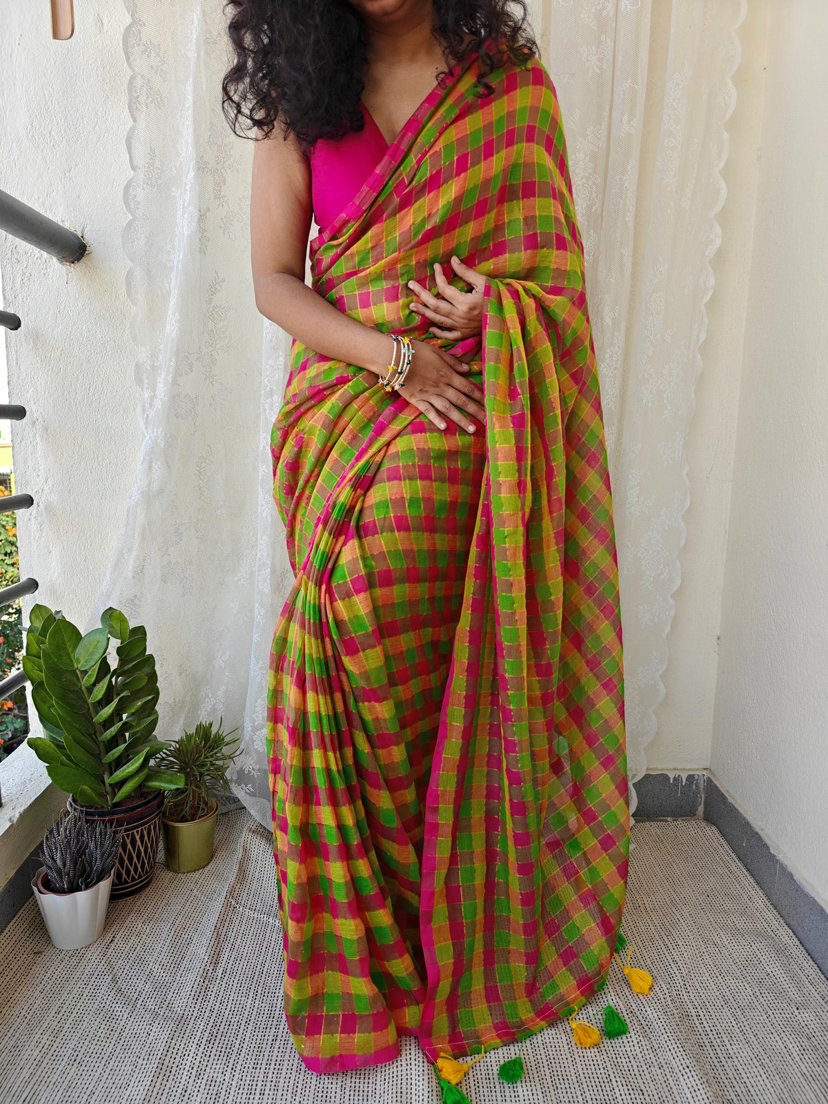 Multicolored Gold Zari Checked Mul Saree