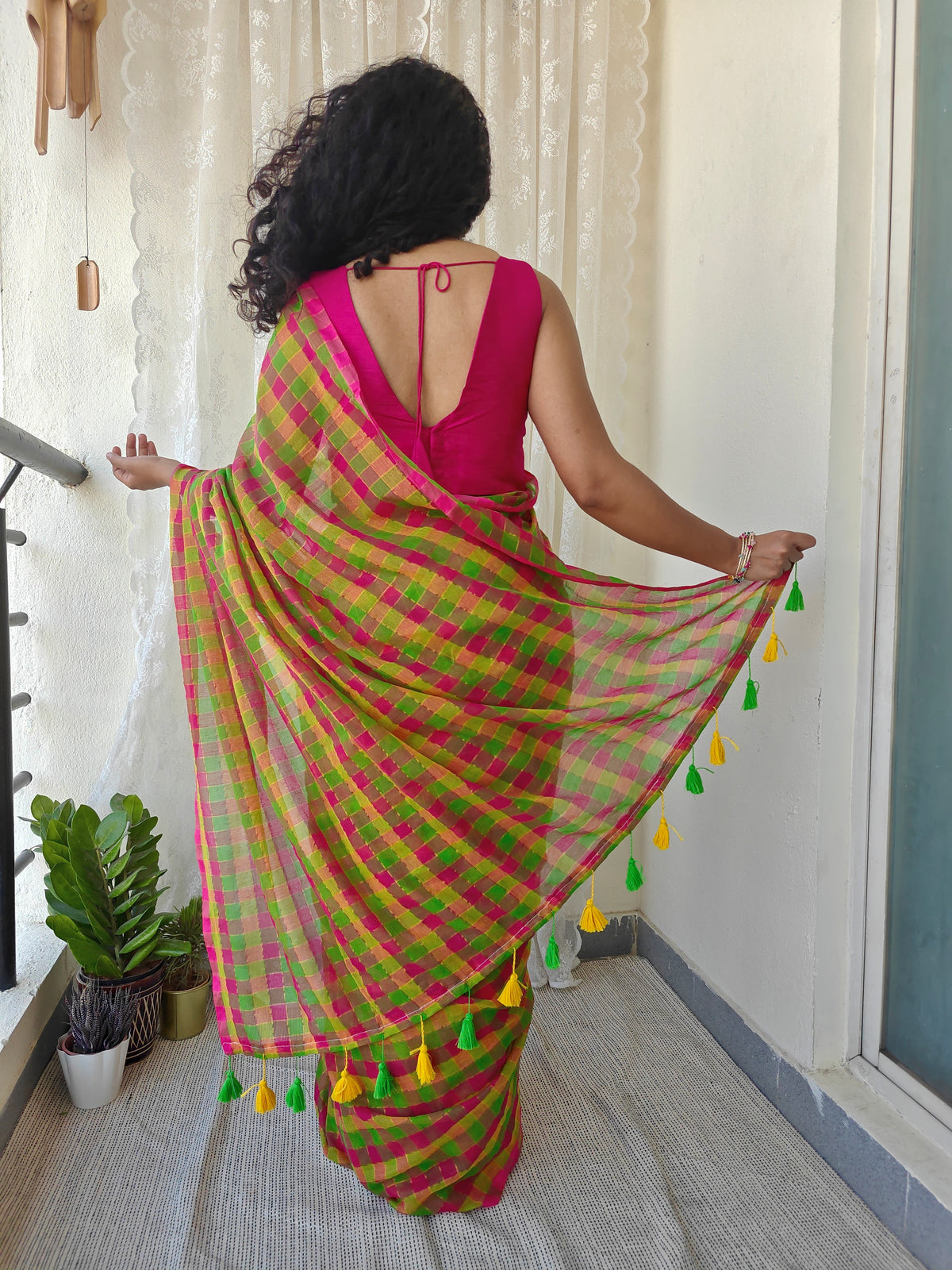 Multicolored Gold Zari Checked Mul Saree