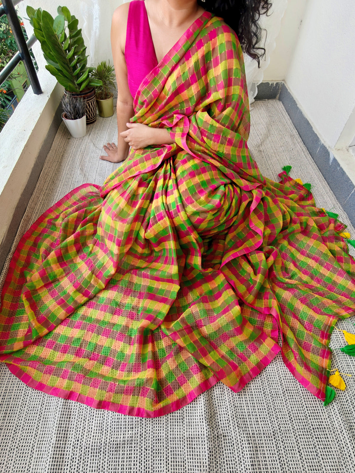 Multicolored Gold Zari Checked Mul Saree