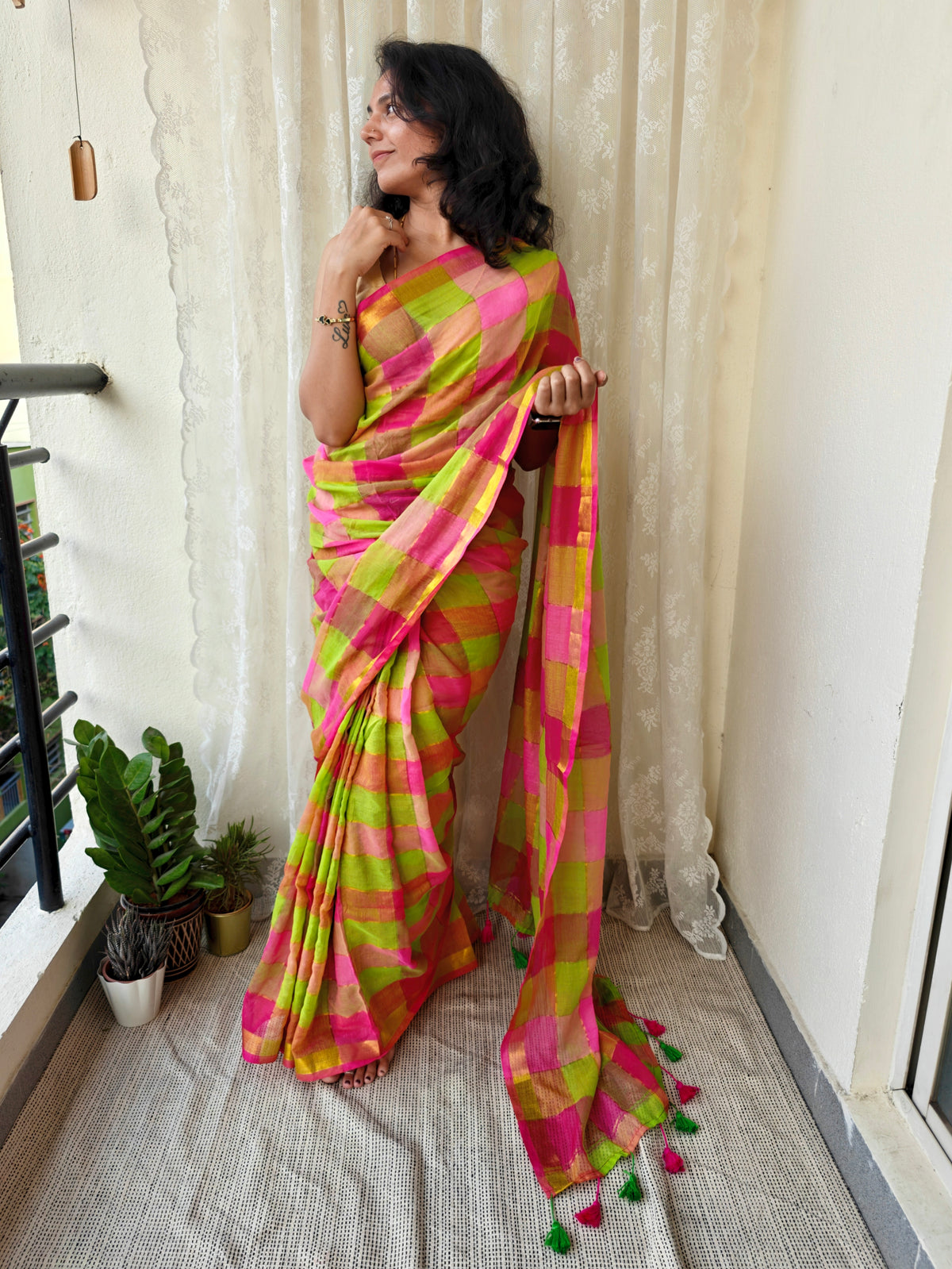 Green- Pink Multicolored Gold Zari Checked Mul Saree