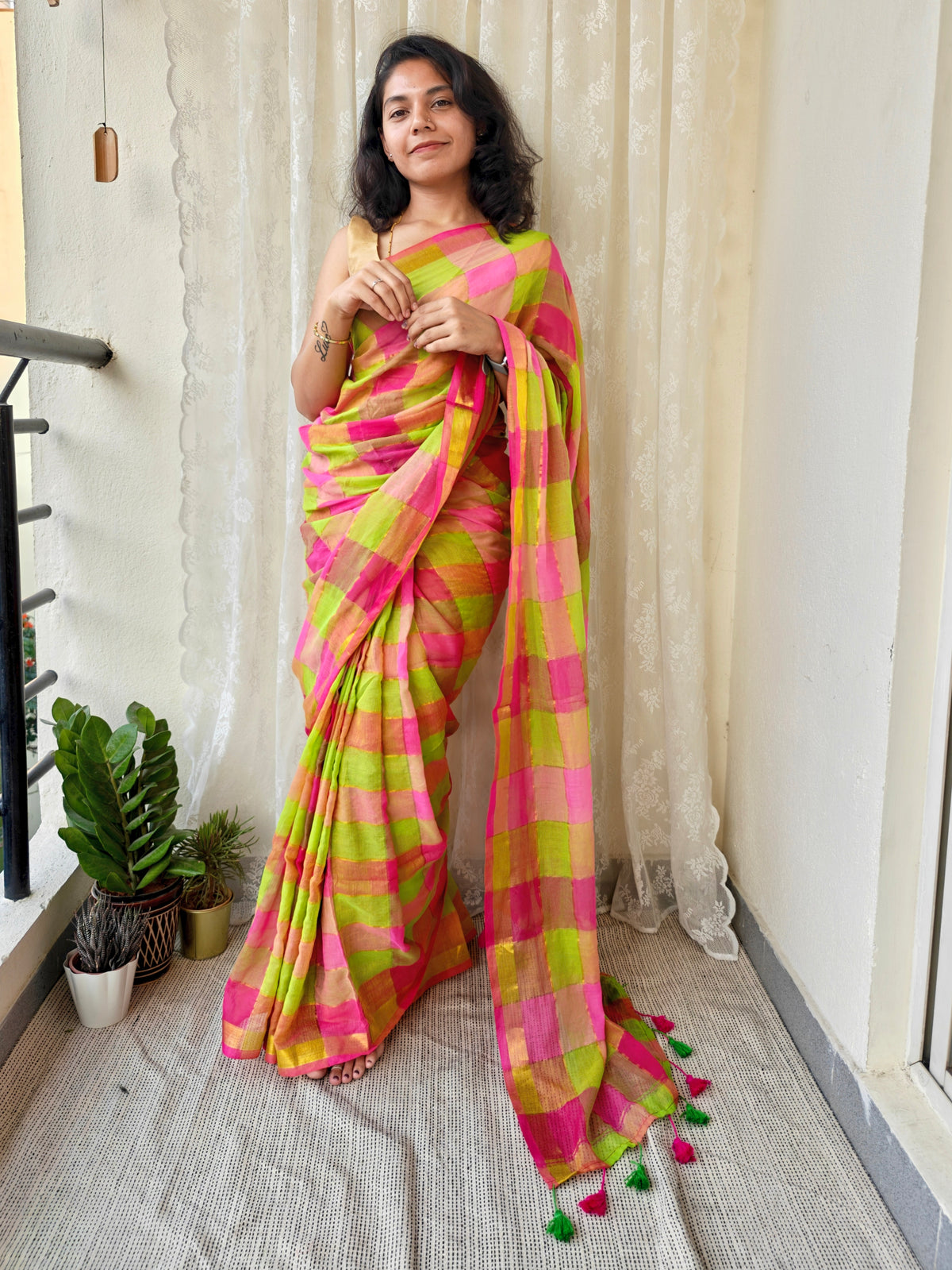 Green- Pink Multicolored Gold Zari Checked Mul Saree