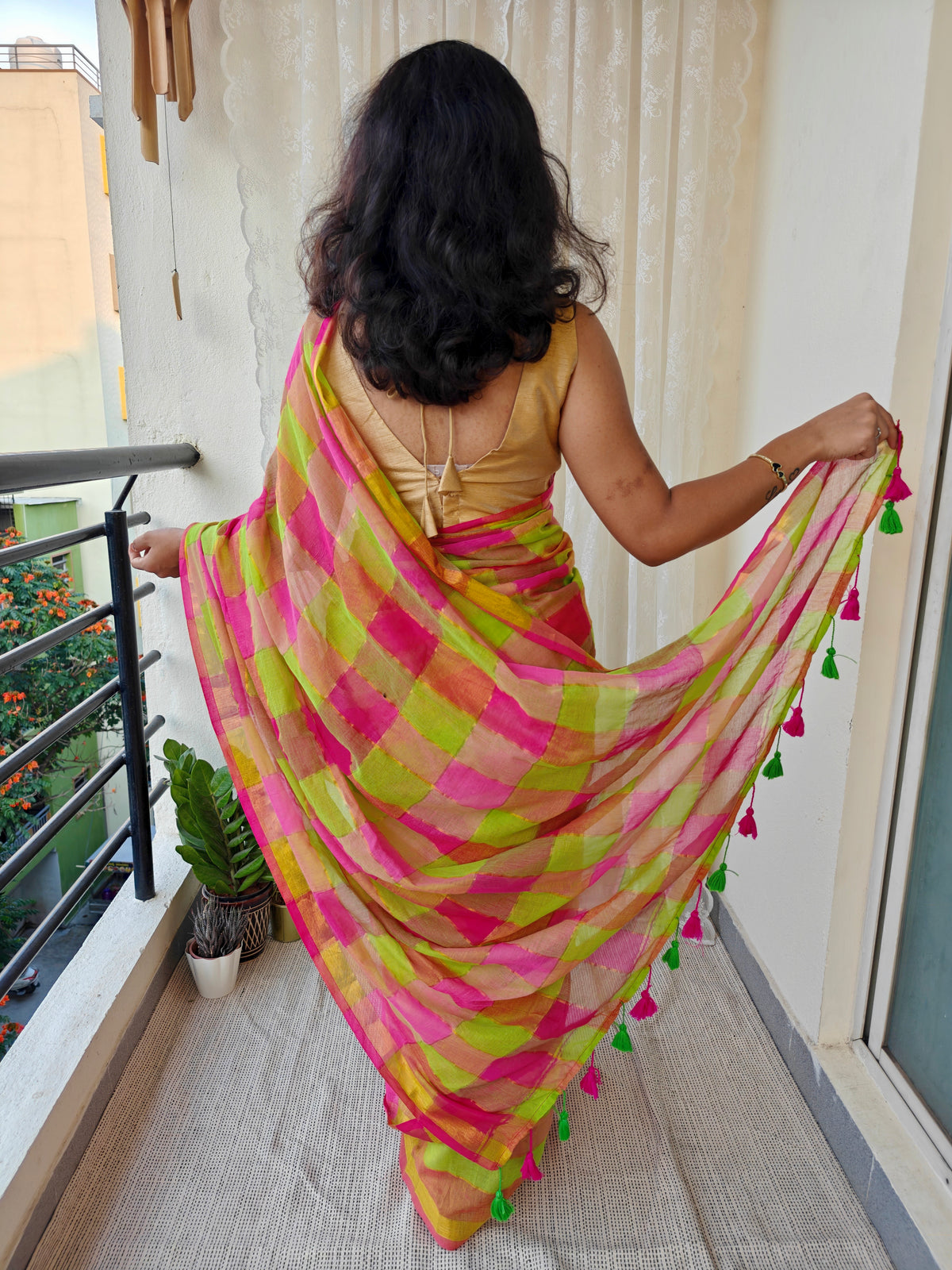 Green- Pink Multicolored Gold Zari Checked Mul Saree