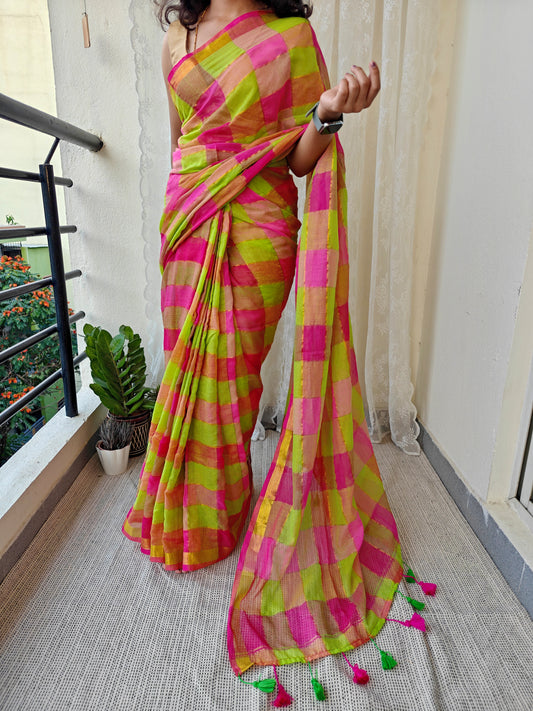 TANVI - Multicolored Gold Zari Checked MulMul Cotton Saree